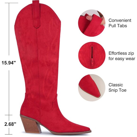 ⚡Women's Red Cowgirl Boot Embroidered Knee High Boot Pointed Toe Block Heel - Picture 4 of 6